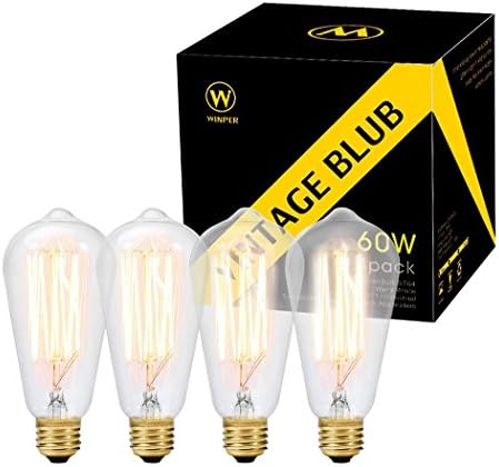 WINPER EBST64-60W Vintage Squirrel Cage Filament Edison Bulb ST64 Teardrop Clear Glass Tungsten Retro Lightbulb- E26 110-130 Volt 230 Lumens 2300K Soft Glow, 4 Count