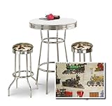 Chrome Bar Table & 2 Chrome Tan Train Fabric Seat Barstools