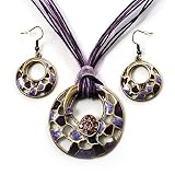 Purple Open-Cut Disk Enamel Organza Cord Necklace & Drop Earrings Set (Bronze Tone)