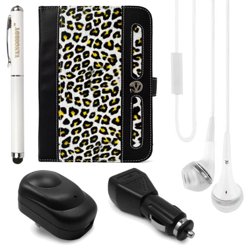 (Yellow Leopard) VG Dauphine Faux Leather Portfolio Case Cover for Verizon Wireless Ellipsis 7 Tablet + USB Wall & Car Charger + VG Laser Pen & Laser + White VanGoddy Headphones