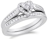 10K White Gold Diamond Ladies Bridal Engagement Ring with Matching Wedding Band Two 2 Ring Set - Halo Heart Shape Center Setting w Channel Set Princess Cut & Round Diamonds - (.55 cttw)