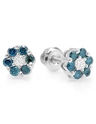 0.40 Carat (ctw) 10K White Gold White & Blue Round Cut Diamond Cluster Flower Stud Earrings