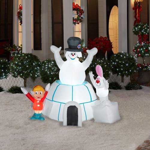 CHRISTMAS DECORATION LAWN YARD INFLATABLE AIRBLOWN FROSTY THE SNOWMAN IN AN IGLOO WITH KAREN AND RABBIT 5' TALL