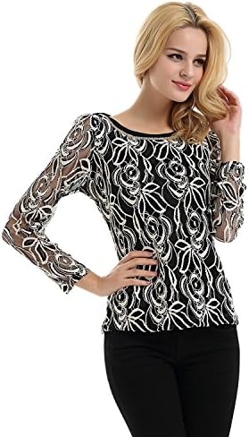 Tonpar Womens Lace Chiffon T-shirt Hollow Out Round Neck Long Sleeve Blouses Tops-Black-XL