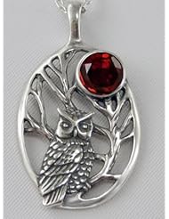 Sterling Silver Sacred Owl Accented with Genuine Garnet, Made in America