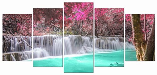 Wieco Art - Waterfall 5 Panels Modern Framed Giclee Canvas Prints Landscape Forest Artwork Pictures to Photos Paintings on Canvas Wall Art Ready to Hang for Living Room Bedroom Home Decorations