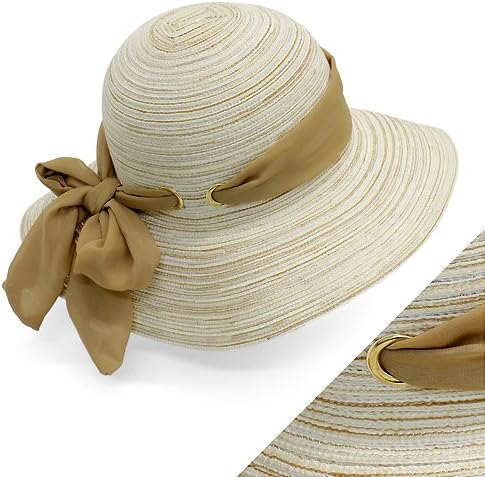 Womens Beige Multi Tone Bow Woven Summer Hat. Approx. 3.75" W Brim. One Size. 70% Cotton, 30% Nylon. Inner Elastic Band.