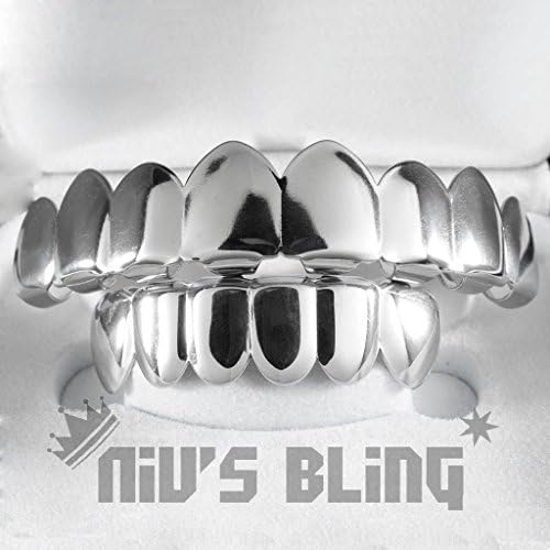 18K White Gold Plated GRILLZ 8 Tooth Top &amp; Bottom (1STB)18k white Gold+Extra S