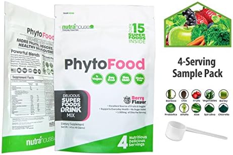 PhytoFood SuperFood Greens Mix with Chia Seeds - 4 Serving Pouch. Delicious Berry Flavor and Loaded with Over 15 Super Foods including Spirulina, Chlorella, Alfalfa, Bamboo, Barley Grass and more.