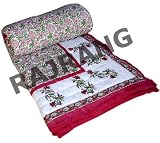 New Jaipuri Handmade Hand Block Print King Size Reversible Cotton Pink Quilt Bedspread Bedding