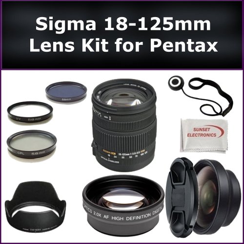 Best Price Sigma 18-125mm f/3.8-5.6 DC OS HSM Lens Kit for Pentax K5, K7 Digital SLR Cameras. Package Includes: Sigma 18-125mm Lens, 0.45X Wide Angle Lens, 2X Telephoto Lens, Lens Cap, Lens Hood, Lens Cap Keeper, 3 Piece Filter Kit (UV-FLD-CPL) and Microfiber Cleaning Cloth