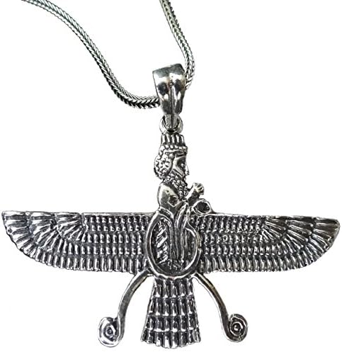 Large 925 Sterling Silver Double Sided Farvahar Necklace Iranian Persian Farohar Chain (Black Leather String)
