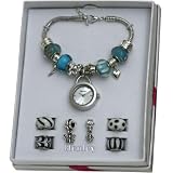 Henley Glamour Pandora Style 20cm Watch Charm Blue Bead Bracelet + 5cm Extender