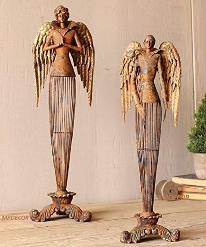 MutterMui Set Of 2 Vintage Style Angels Rustic Metal Figurine Angel Doll Decor 26 inches and 21 incehs