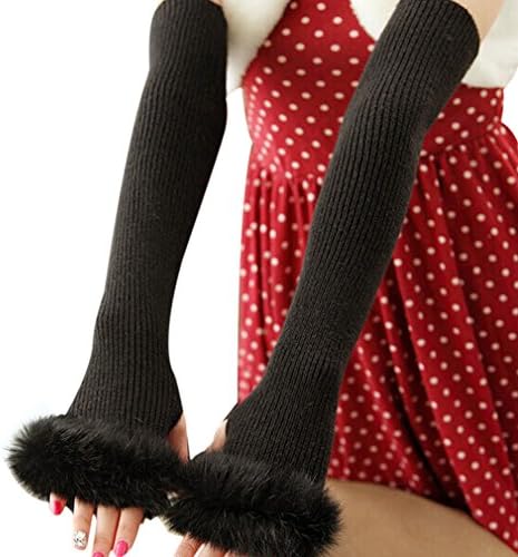 Women Lady Girl Knitted Crochet Long Soft gloves Winter Warmer Braided Arm Fingerless Gloves Stretchy Wamer Knitting Thumb Hole Gloves Mittens Winter Hand Warmer Great gift for Xmas (Black)