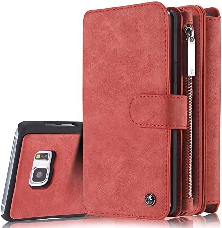 Zipper Wallet Case- SpicyQ® Handcraft Multi-function Retro Vintage Wallet Case Genuine Leather Skin [ Large Capacity for Cards ] Detachable Magnet Slim Phone Back Cover for Samsung Galaxy Note 5