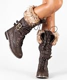 Furry Lace Up Military Mid Calf Vegan Boot , 7, Grey