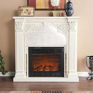 Palomar Mirrored Electric Fireplace in Antiqued White