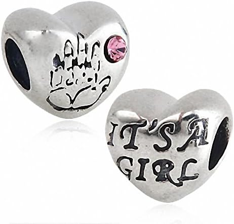 Soulbeads Heart with Pink Austrian Crystal It's a Girl Authentic 925 Sterling Silver Charms Bead Fits Pandora European Charm Bracelets (Girl)