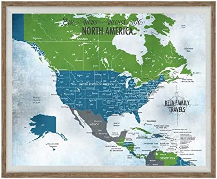 USA Push Pin FRAMED Map, Sea Mist, 20X24 Inches, Keepsake gift, Push Pin Travel, Gift for grandparents, Blue and Green Map, PERSONALIZED, Gift for Her, Gift for Grads