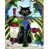 11x14 Decorative Tile - Feline and Wine Black Cat With Cabernet Bottle and Vineyard Background by En Vogue Art On Tile