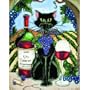 11"x14" Decorative Art Tile - Feline & Wine Black Cat With Cabernet Bottle & Vineyard Background