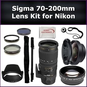Sigma 70-200mm f/2.8 EX DG APO OS HSM Lens Kit for Nikon D90, D300s, D7000, D700 Digital SLR Cameras. Also Includes: 0.45X Wide Angle Lens, 2X Telephoto Lens, Lens Cap, Lens Hood, Lens Cap Keeper, Monopod, 3 Piece Filter Kit (UV-FLD-CPL), Monopod and Microfiber Cleaning Cloth