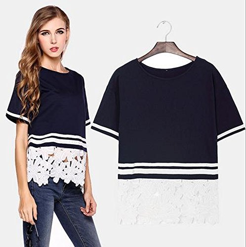 カットソー Tシャツ ティーシャツ 大きい サイズ 重ね着 風 半 袖 トップス ボーダー フラワー レース マリン ママ コーデ デート 紺 (オリジナル・ブレスレットとサシェセット)