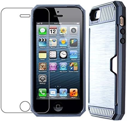 [Card Standing] Transparent Tempered Glass Screen Protector Film *Bonus Glass* + [Card Slot Bumper] Super Slim Fit Light Case for iPhone 5 / 5S (Navy)