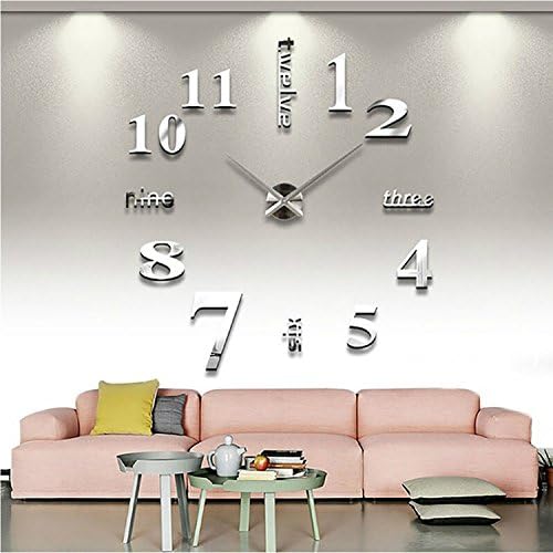 Modern Mute 3D DIY Mirror Surface Creative Wall Clock Art Sticker Clock Watches Hours Home Office Decoration (Silver)