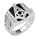 .925 Sterling Silver CZ and Onyx Embossed Masonic Mens Ring