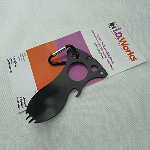 Almer 2 Pack EDC Survival Multi-functional Tool Defense Spoon Fork 3 Hex Heads Bottle Opener Carabiner (Black)