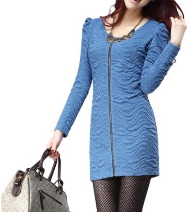 Scent House  Women's Sexy Slimming Long Sleeve Zip Decorated Mini Dress Party Dress, Blue,Regular (size : large )