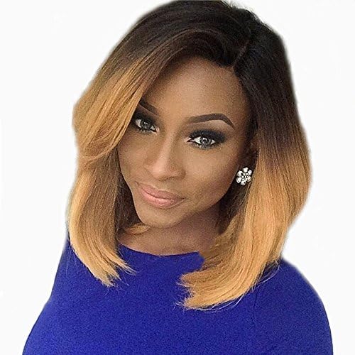 Foxyhair Natural Looking 130 Density Human Hair Blond Short Ombre Bob Wig Virgin Brazilian Full Lace Wig Glueless Bob Style for Black Women(10 Inch, Lace front cap)