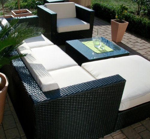 Edle Rattan Lounge Gartensofa + Sessel + Tisch + Hocker Manhattan Edle Rattan Lounge Gartensofa + Sessel + Tisch + Hocker Manhattan