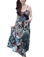 Backless Elasticized   Waistline Spaghetti Strap Floral Print Cotton/Polyester Floor Length  Dress