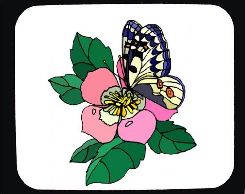 flowers cartoon black and white. Mouse Pad with butterfly, insect, flower. Professional “Brite White” fabric