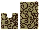 2 Piece Bath Rug Set - New Scroll Sage Chocolate by Cotton Craft - 100% Pure Cotton - High Quality - Super Soft and Plush - Hand Tufted Heavy Weight Durable Construction - Larger Rug is 21x32 Oblong and Second rug is Contour 21x20 - Other Styles - Large Scroll, Greek Key, Palm Tree, Solid Color Reversible or Grid Stripe - Easy care machine wash