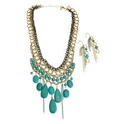 Imitation Turquoise Stone and Goldtone Statement Necklace and Earrings Set Fashion Jewelry
