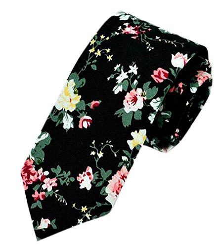 LaiGouMai Men's Fashion Causal Black Floral Printed Linen Tie Necktie