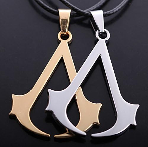 Atoy 2pcs/Set Golden & Silver Assassin's Creed Logo Stainless Steel Badge Cosplay Ezio Chain Pandant Necklace + 1pcs Wristband