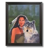 Native American Indian Girl With Wolf Home Decor Wall Picture Black Framed Art Print