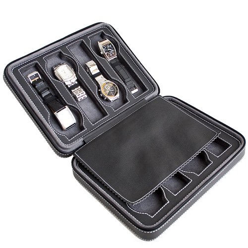 Black Soft Touch High Quality Leatherette Compact Travel Watch Case With Suede Interior With 8 Watch Compartments