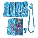 Silky Embroidered Brocade Jewelry Travel Organizer Roll Pouch - Turquoise Blue