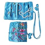 Silky Embroidered Brocade Jewelry Travel Organizer Roll Pouch - Turquoise Blue