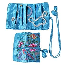 Silky Brocade Jewelry Travel Organizer Roll Pouch - Turquoise Blue Silky Brocade Jewelry Travel Organizer Roll Pouch - Turquoise Blue