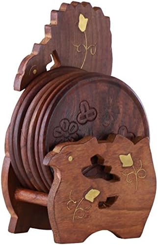 SouvNear Lovely Set of 6 Hand-Carved Round Floral Shaped Rose Wood Coasters with a Peacock Holder