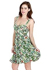 Vintage Pleated Tropical Print Polyester Full-Skirt Fit-and-Flare Sweetheart  Dress