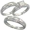 14k White Gold Trio 3-Piece His (5mm) & Hers (4.5mm; 7mm) Wedding Band Set, w/ 0.64 Carat Brilliant Cut Diamonds; (Men's Size 9 to 12; Ladies' Size 6 to 8)