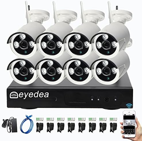 Eyedea 8CH 5000TVL 1.3MP WIFI NVR Wireless Camera Video Surveillance DVR Strong Signal Easy Setup with IP Network 960P Night Vision Home Store Business CCTV Security Camera Smart Phone APP Remote View